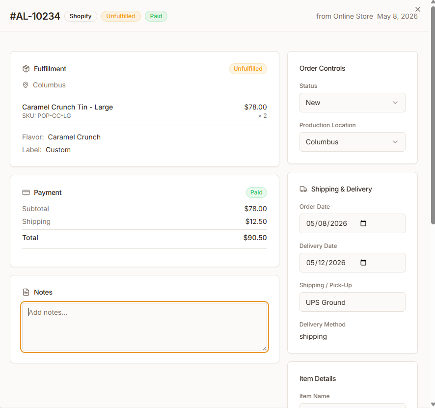 Al's Delicious Popcorn order management dashboard