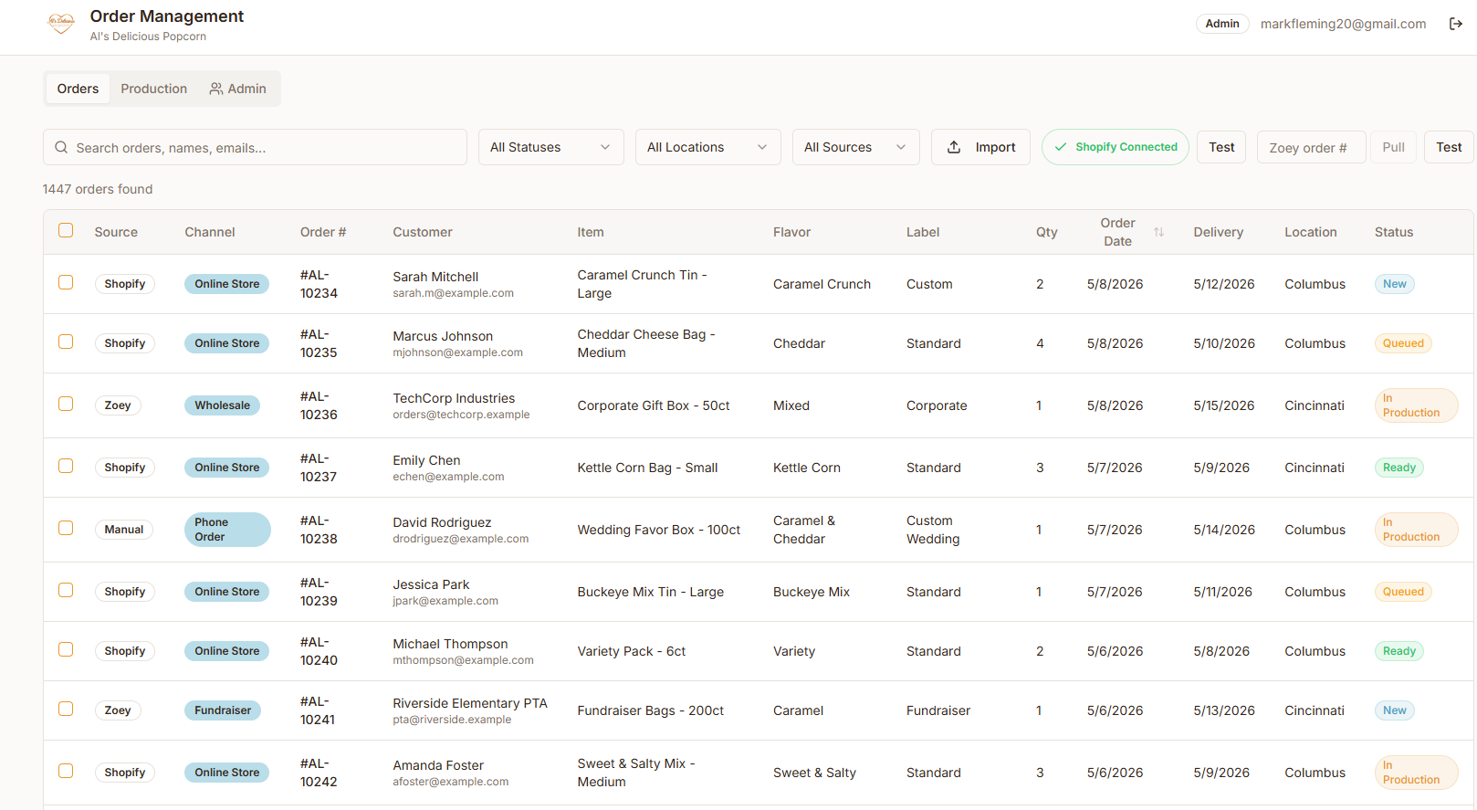 Arena AI order management dashboard for Al's Delicious Popcorn showing aggregated orders from Shopify, Zoey, and manual channels