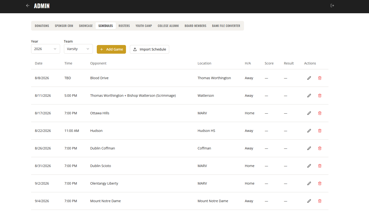 Admin schedules view with year and team filters, add game and import schedule actions