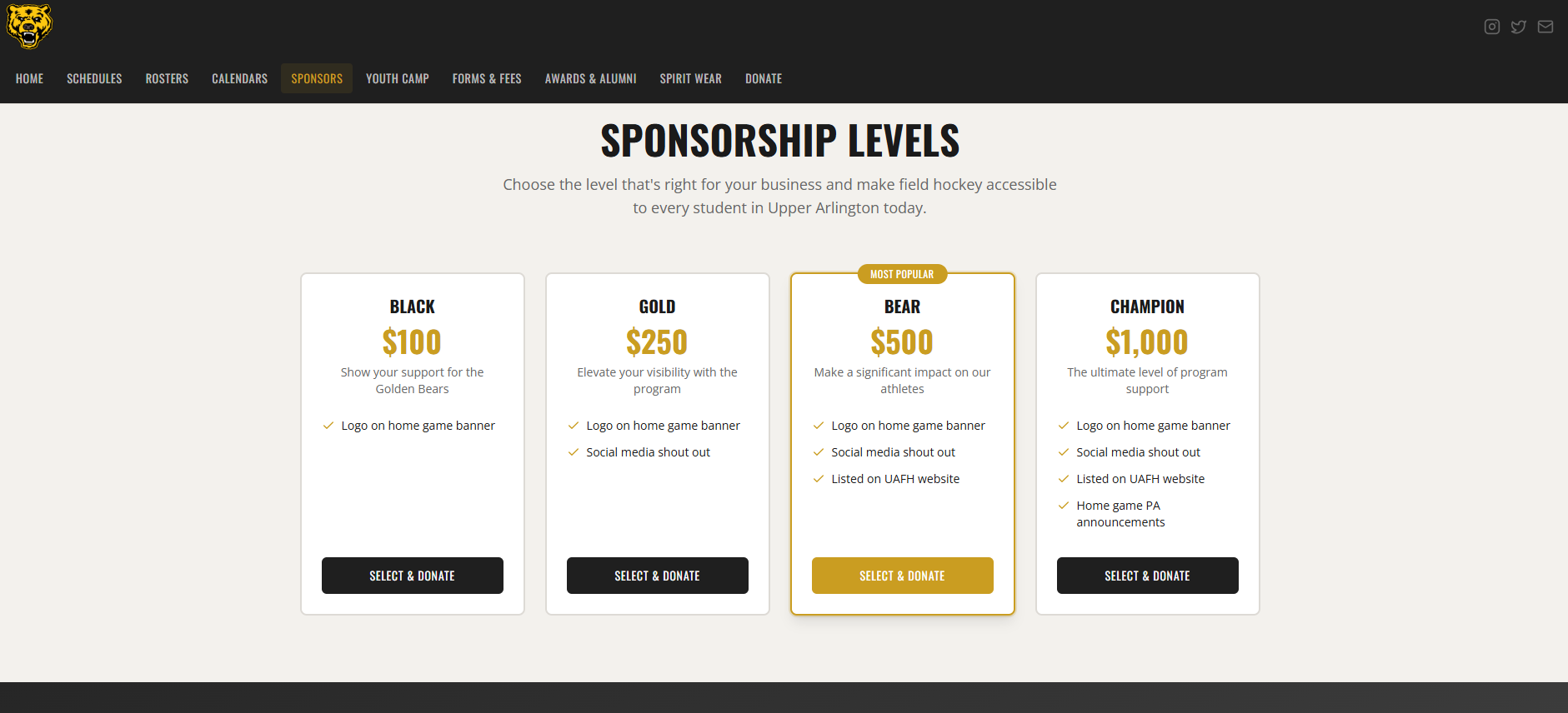 UA Field Hockey sponsorship tiers page with Black, Gold, Bear, and Champion levels